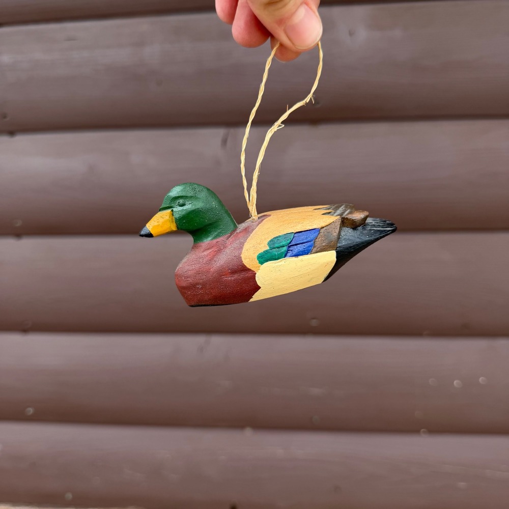 Vtg Hand Painted Wooden Mallard Duck Ornament‎ Multicolor Rustic Cabin Decor